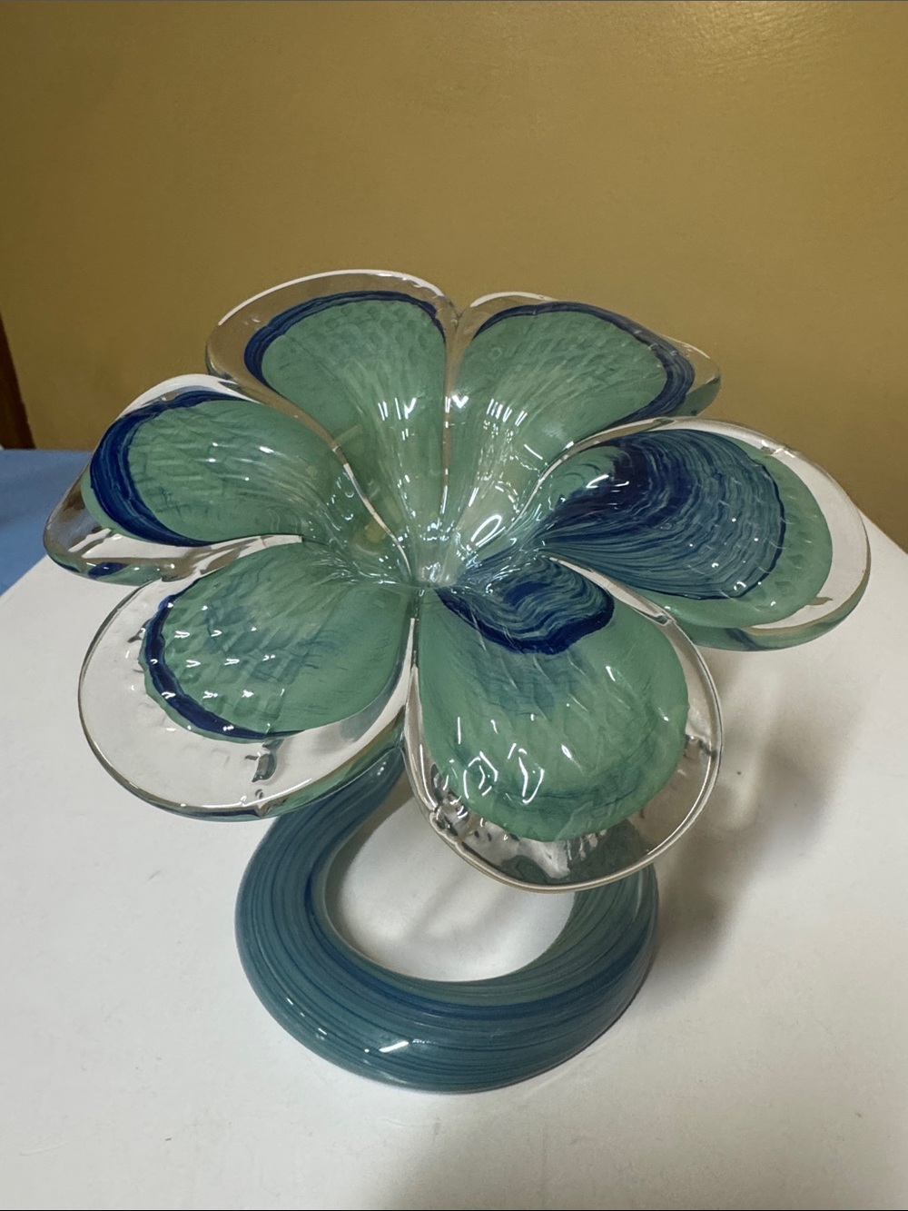 Handblown Green & Blue Glass Flower Sculpture 6.5” diameter
